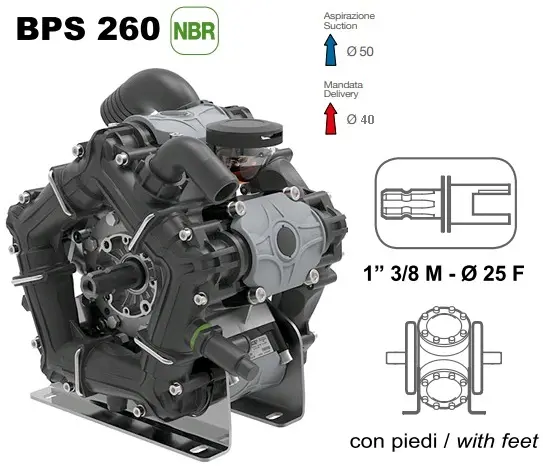Насос мембранный Comet® серия ВPS260 NBR40 (249 л/мин; 20 бар); ВОМ 1"3/8 - валd25 внутрен./шпонка